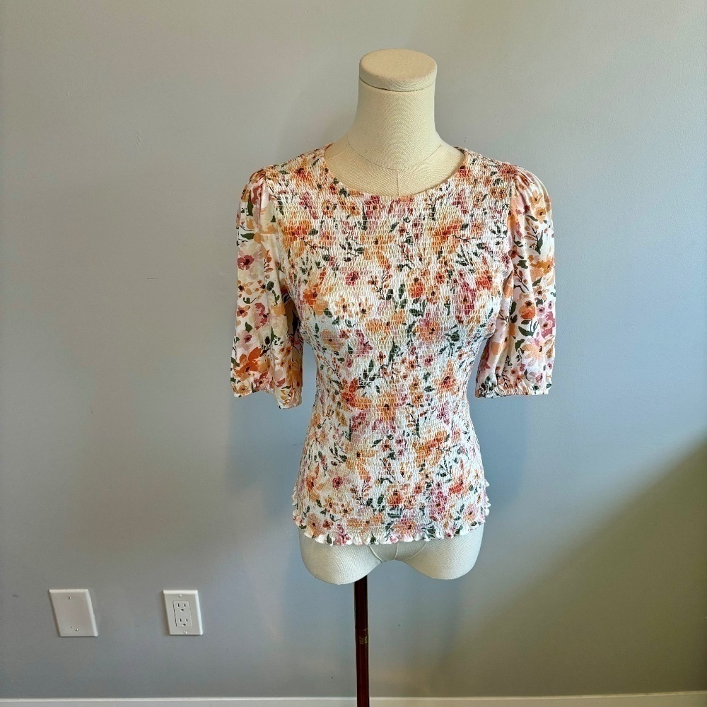 Mexx, Women's Smocked Jersey, Floral Puff Sleeve Top, SZ SM